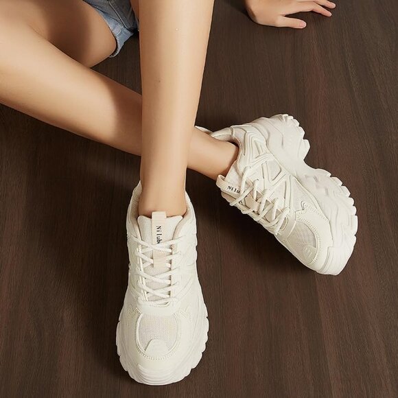 ⚡Women's Beige Platform Sneakers Comfortable Casual Lace Up Fashion Tennis - Picture 5 of 7
